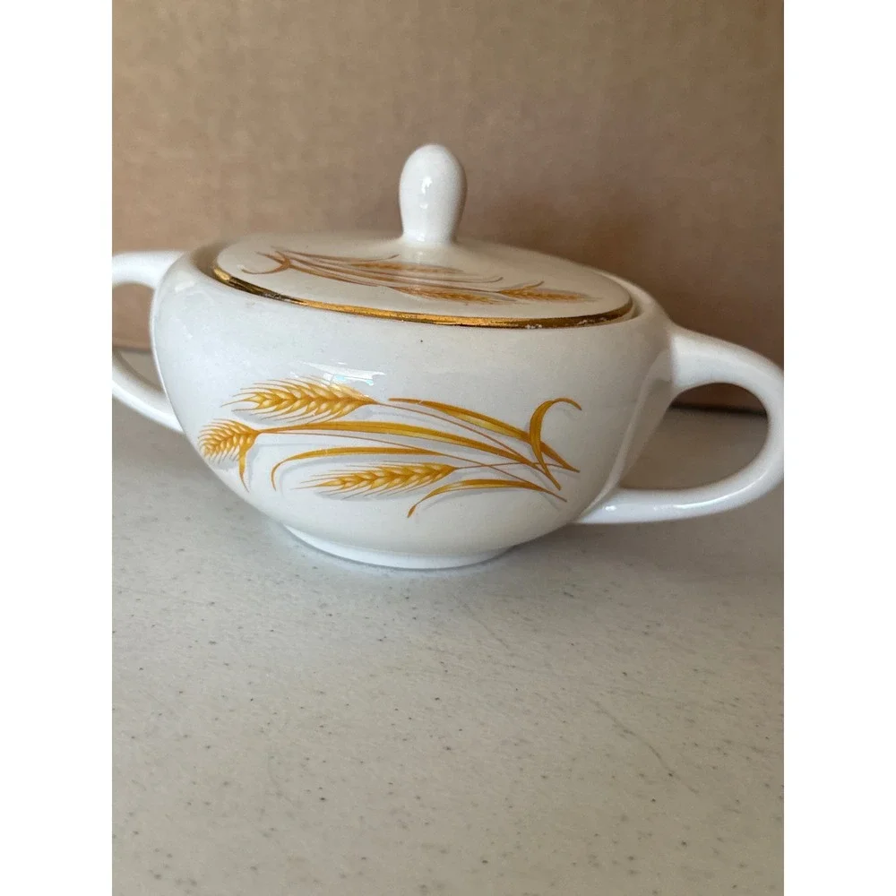 Vintage Golden Wheat Ceramic Sugar Bowl with Lid Double Handle Cream Gold Trim